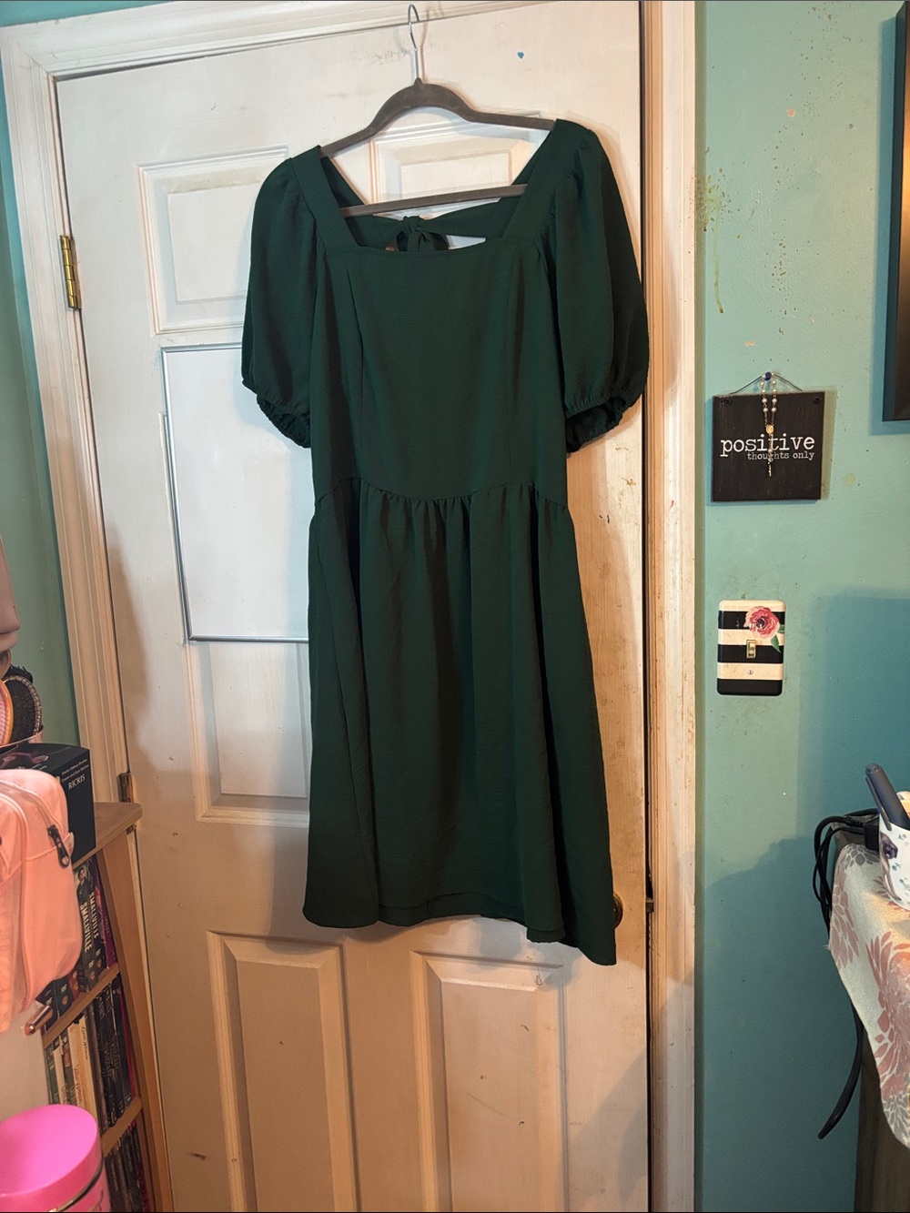 Dark Green Square Neck Puff Sleeve and Tie in the Back Dress 2X